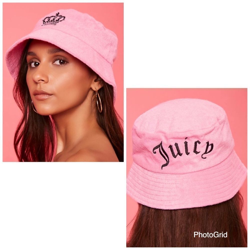 NWT Juicy Couture Pink Terry cloth Bucket Hat embroidery back Front Crown Juicy